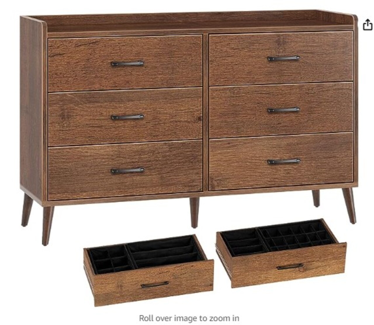 Drawer Dresser Quick Install: Mid-Century Rustic Chest of Drawers with Anti-Tipping Device, Bedroom, Brown, 6 Wooden Drawers Storage Dresser with Set of 4 Foldable Drawer Dividers